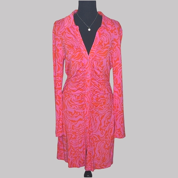 NEW Sanctuary Daydream Knit Stretch Button Front Shirt Dress Pink Orange Print L - Picture 2 of 13
